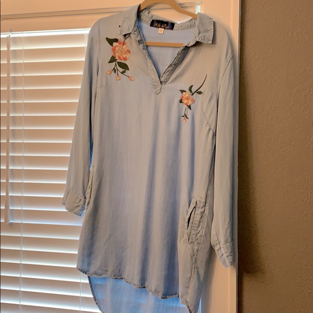 Blue Rain floral embroidered dress WITH POCKETS!